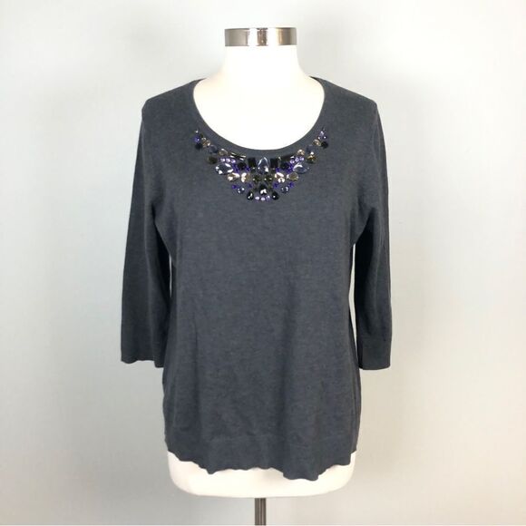 Coldwater Creek Sweater Crystal Jewel Embellished Scoop Neck in Dark Grey - Picture 1 of 7